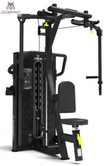 Titanium Strength M7 Selectorized Dualtrainer Fly und Delts, Schrägansicht mit Sitz und Hebelarmen