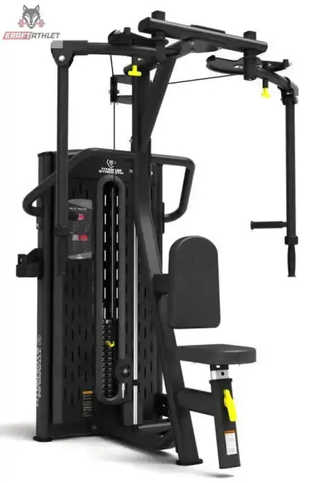 Titanium Strength M7 Selectorized Dualtrainer Fly und Delts, Schrägansicht mit Sitz und Hebelarmen