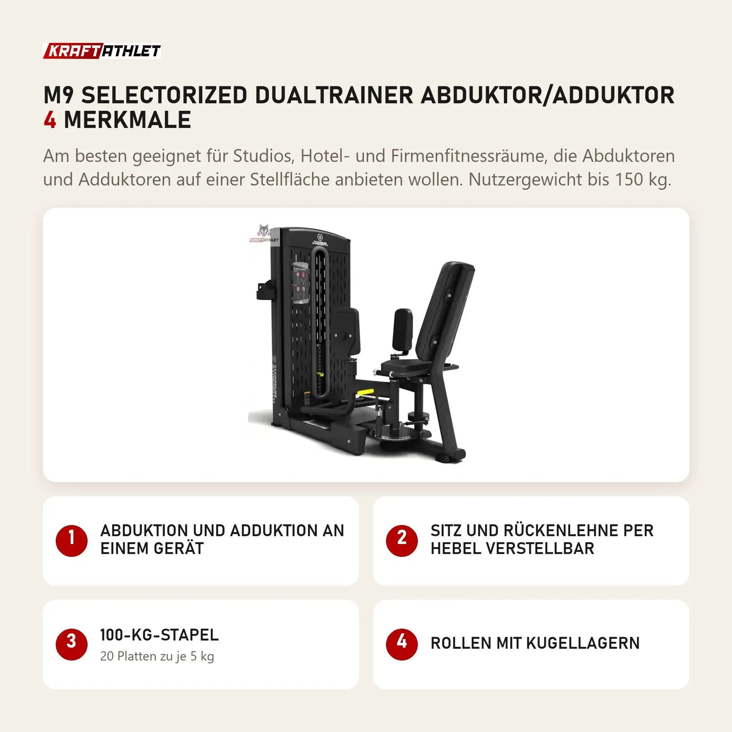 Titanium Strength M9 Selectorized Dualtrainer Abduktor/Adduktor mit 4 Merkmalen: Abduktion und Adduktion an einem Gerät, Sitz und Rückenlehne per Hebel verstellbar, 100-kg-Stapel, Rollen mit Kugellagern