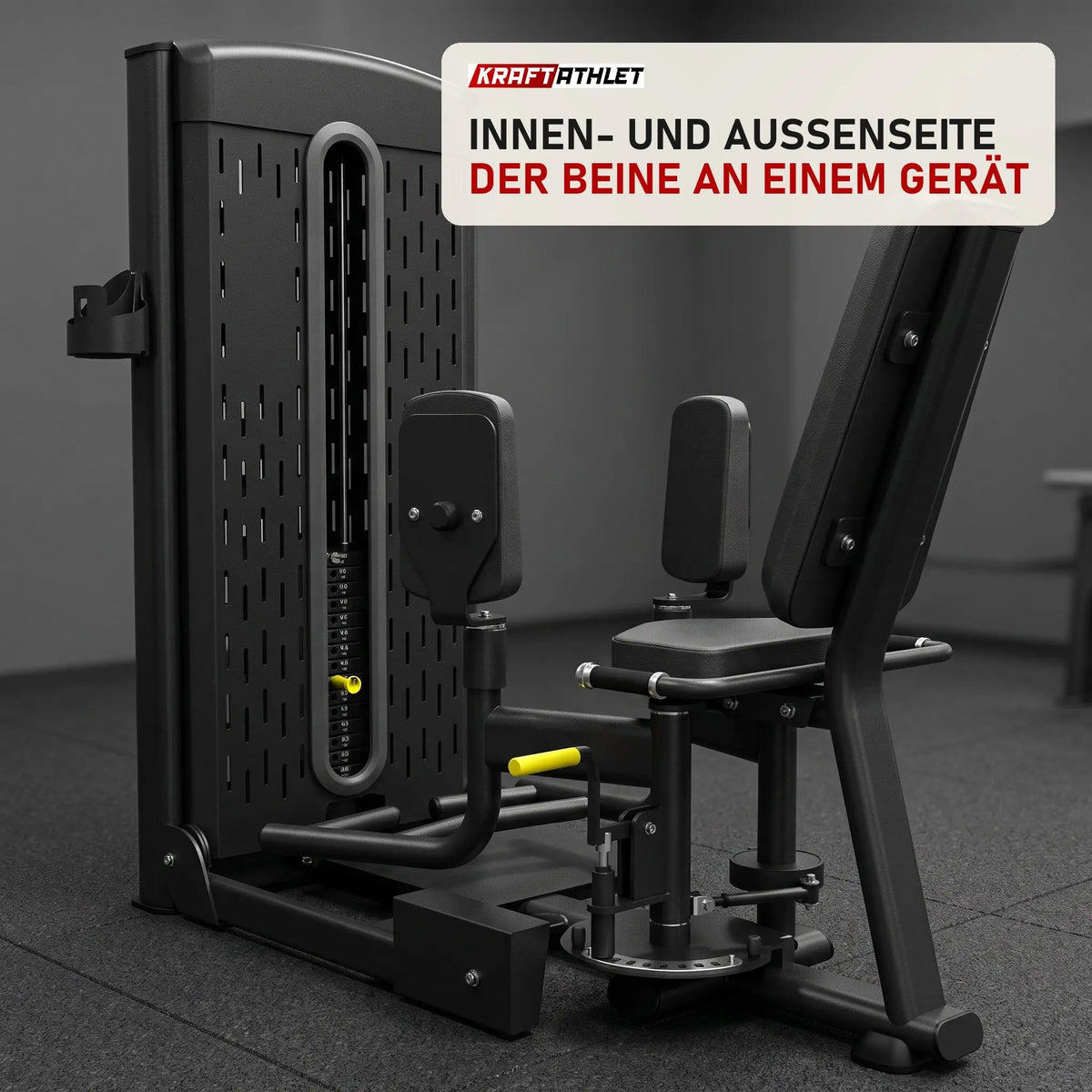 Titanium Strength M9 Selectorized Dualtrainer Abduktor/Adduktor in einem fertig eingerichteten Studio mit dunklen Wänden und Gummiboden