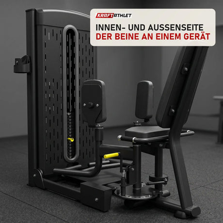 Titanium Strength M9 Selectorized Dualtrainer Abduktor/Adduktor in einem fertig eingerichteten Studio mit dunklen Wänden und Gummiboden