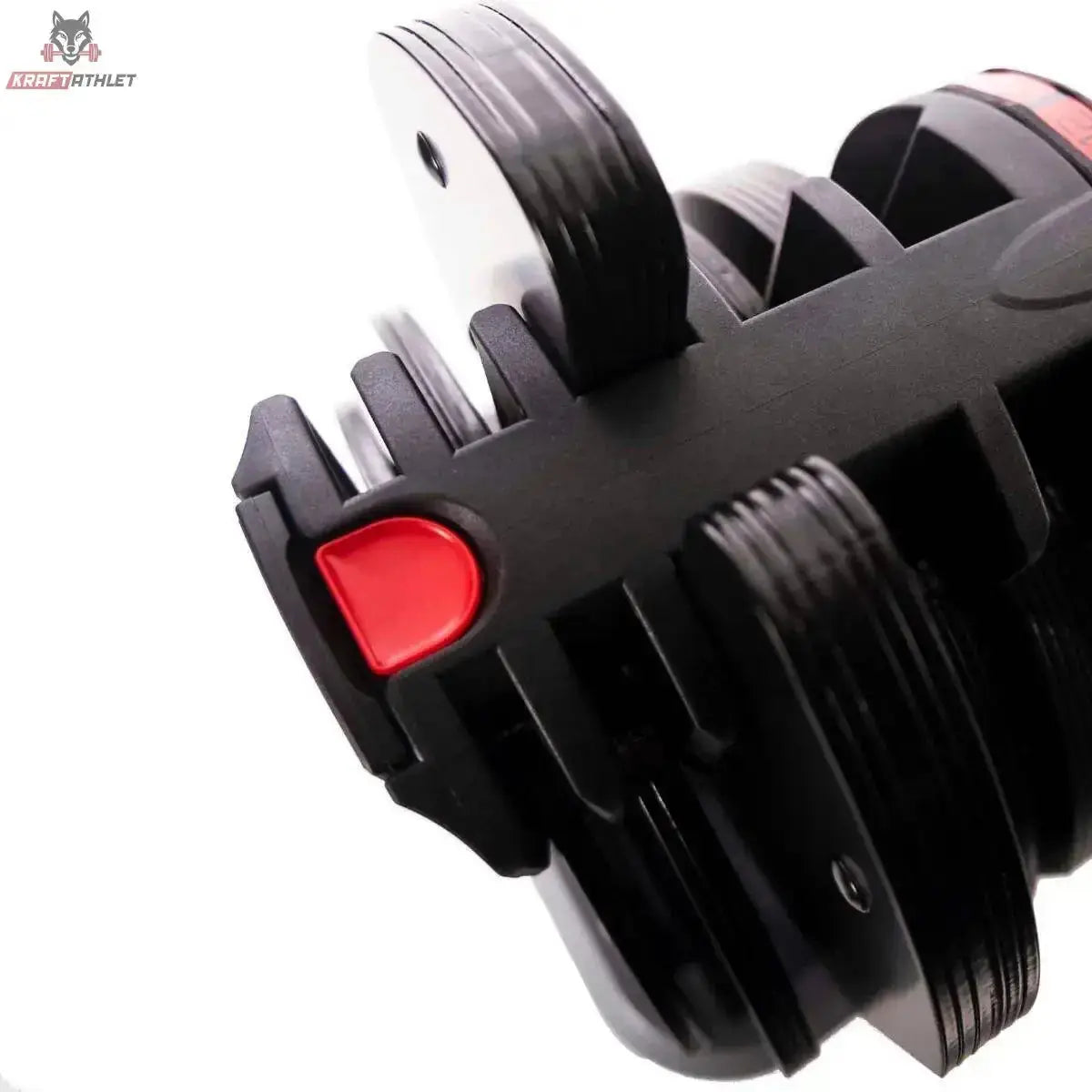 Titanium Strength MA36 verstellbare Kurzhanteln 2–36 kg mit Halterung als Detail des roten Verstellknopfs zwischen den Gewichtsscheiben