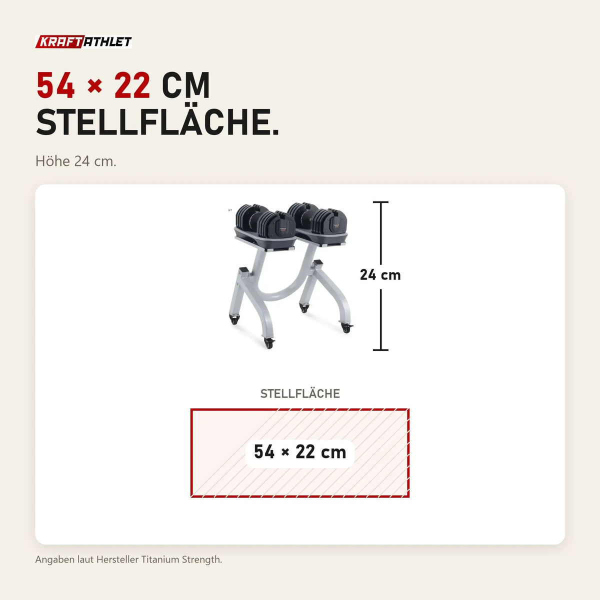 Maßbild Titanium Strength MA36 verstellbare Kurzhanteln 2–36 kg mit Halterung: Stellfläche 54 × 22 cm, Höhe 24 cm