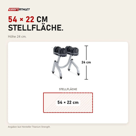 Maßbild Titanium Strength MA36 verstellbare Kurzhanteln 2–36 kg mit Halterung: Stellfläche 54 × 22 cm, Höhe 24 cm