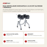 Titanium Strength MA36 verstellbare Kurzhanteln 2–36 kg mit Halterung mit 4 Merkmalen: 2 bis 36 kg pro Hantel, Drehgriff, Smart Lock, Stahlplatten