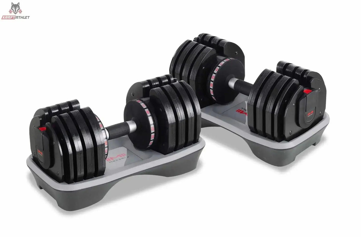 Titanium Strength MA36 verstellbare Kurzhanteln 2–36 kg mit Halterung als Hantelpaar in flacher Seitenansicht in den Ablageschalen