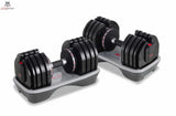 Titanium Strength MA36 verstellbare Kurzhanteln 2–36 kg mit Halterung als Hantelpaar in flacher Seitenansicht in den Ablageschalen