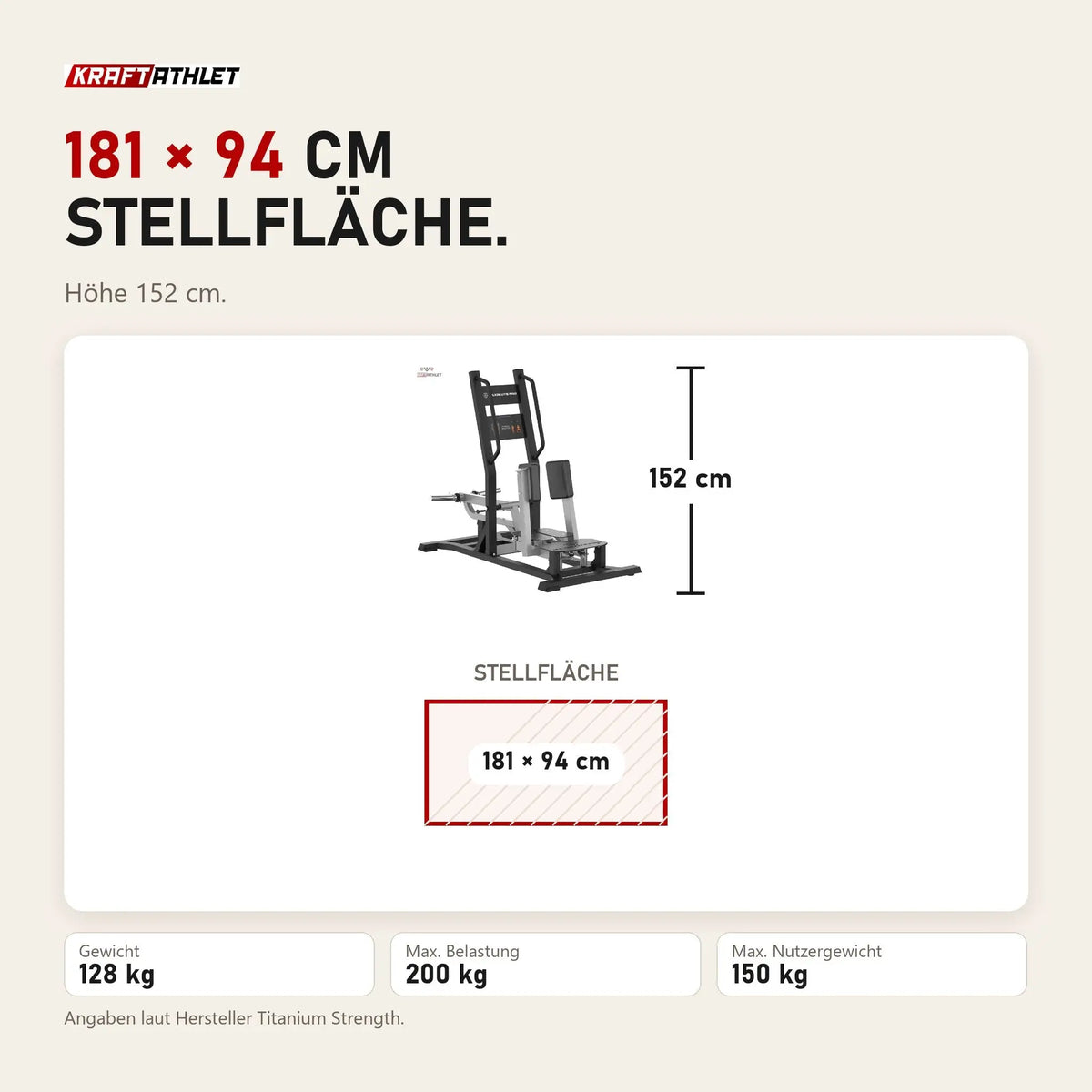 Maßbild Titanium Strength MaxGlute Pro Abductor Stehend: Stellfläche 181 × 94 cm, Höhe 152 cm