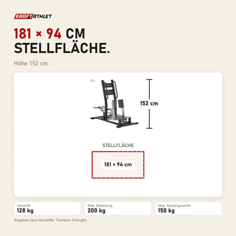 Maßbild Titanium Strength MaxGlute Pro Abductor Stehend: Stellfläche 181 × 94 cm, Höhe 152 cm