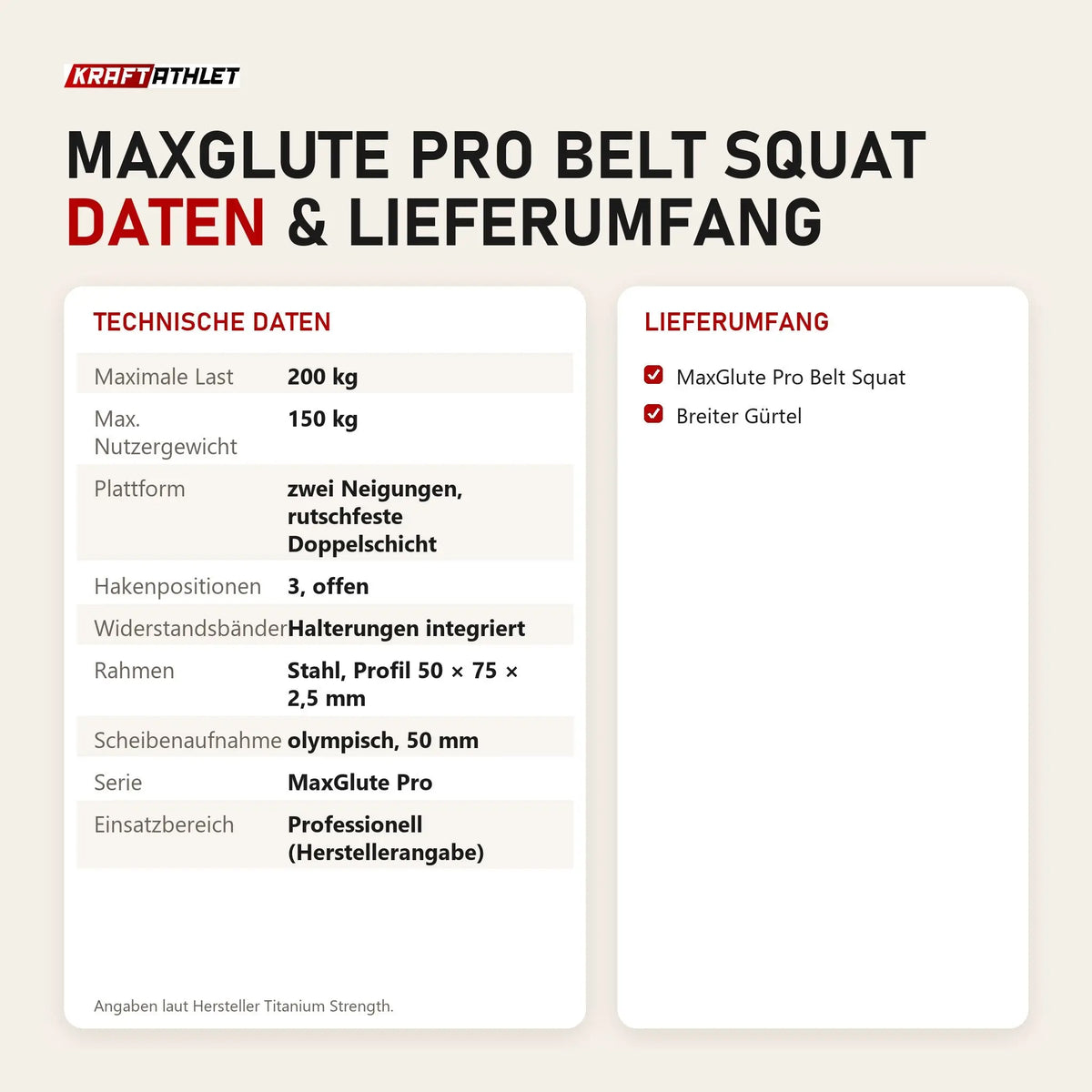 Technische Daten und Lieferumfang von Titanium Strength MaxGlute Pro Belt Squat als Tabelle