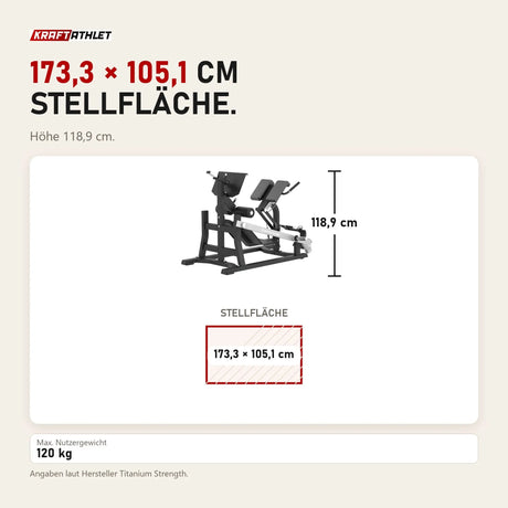 Maßbild Titanium Strength MaxGlute Pro Duale Lendenwirbel-Hyperextension: Stellfläche 173,3 × 105,1 cm, Höhe 118,9 cm