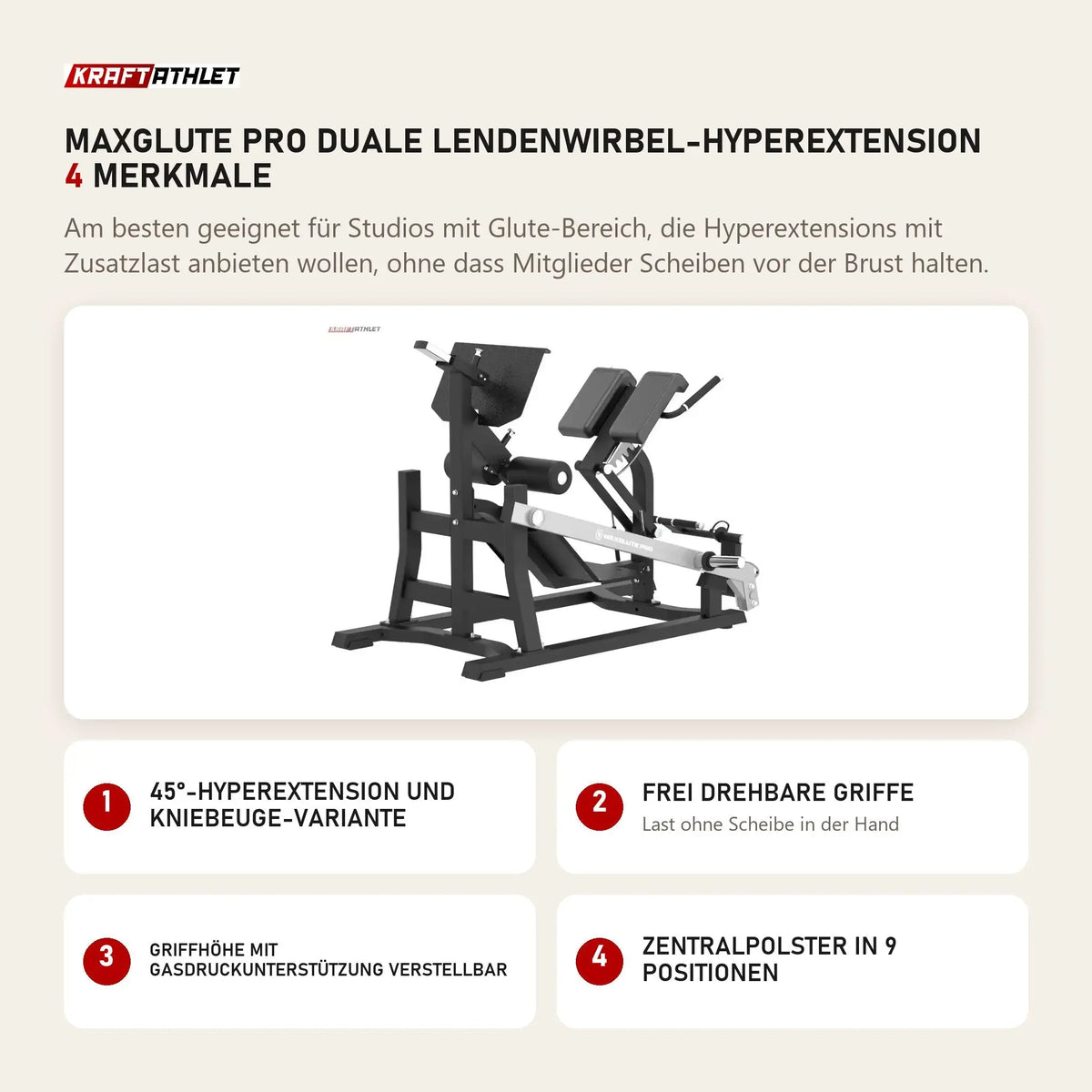 Titanium Strength MaxGlute Pro Duale Lendenwirbel-Hyperextension mit 4 Merkmalen: 45°-Hyperextension und Kniebeuge-Variante, Frei drehbare Griffe, Griffhöhe mit Gasdruckunterstützung verstellbar, Zentralpolster in 9 Positionen
