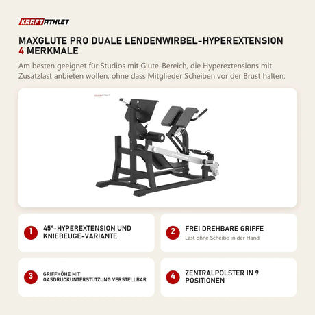 Titanium Strength MaxGlute Pro Duale Lendenwirbel-Hyperextension mit 4 Merkmalen: 45°-Hyperextension und Kniebeuge-Variante, Frei drehbare Griffe, Griffhöhe mit Gasdruckunterstützung verstellbar, Zentralpolster in 9 Positionen