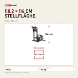 Maßbild Titanium Strength MaxGlute Pro Hip Thrust im Stehen: Stellfläche 118,2 × 116 cm, Höhe 144,6 cm