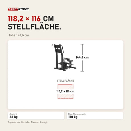 Maßbild Titanium Strength MaxGlute Pro Hip Thrust im Stehen: Stellfläche 118,2 × 116 cm, Höhe 144,6 cm