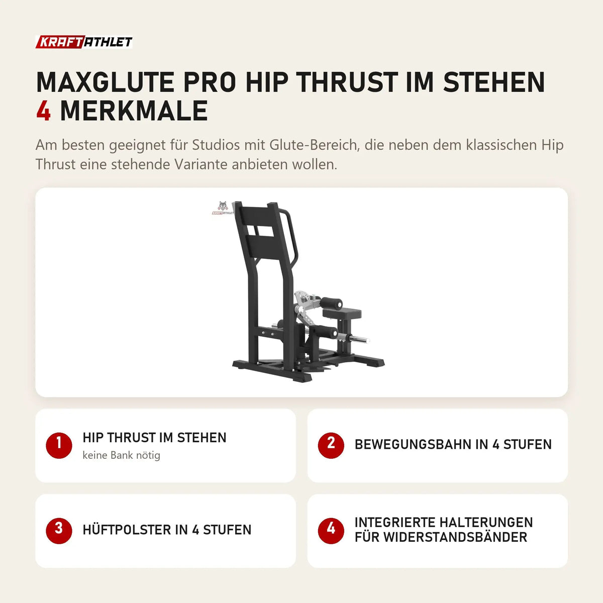 Titanium Strength MaxGlute Pro Hip Thrust im Stehen mit 4 Merkmalen: Hip Thrust im Stehen, Bewegungsbahn in 4 Stufen, Hüftpolster in 4 Stufen, Integrierte Halterungen für Widerstandsbänder