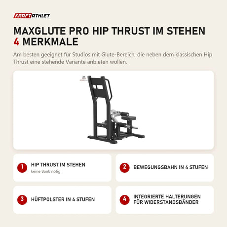 Titanium Strength MaxGlute Pro Hip Thrust im Stehen mit 4 Merkmalen: Hip Thrust im Stehen, Bewegungsbahn in 4 Stufen, Hüftpolster in 4 Stufen, Integrierte Halterungen für Widerstandsbänder