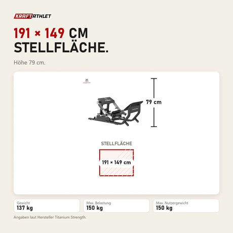 Maßbild Titanium Strength MaxGlute Pro Hip Thrust Maschine: Stellfläche 191 × 149 cm, Höhe 79 cm
