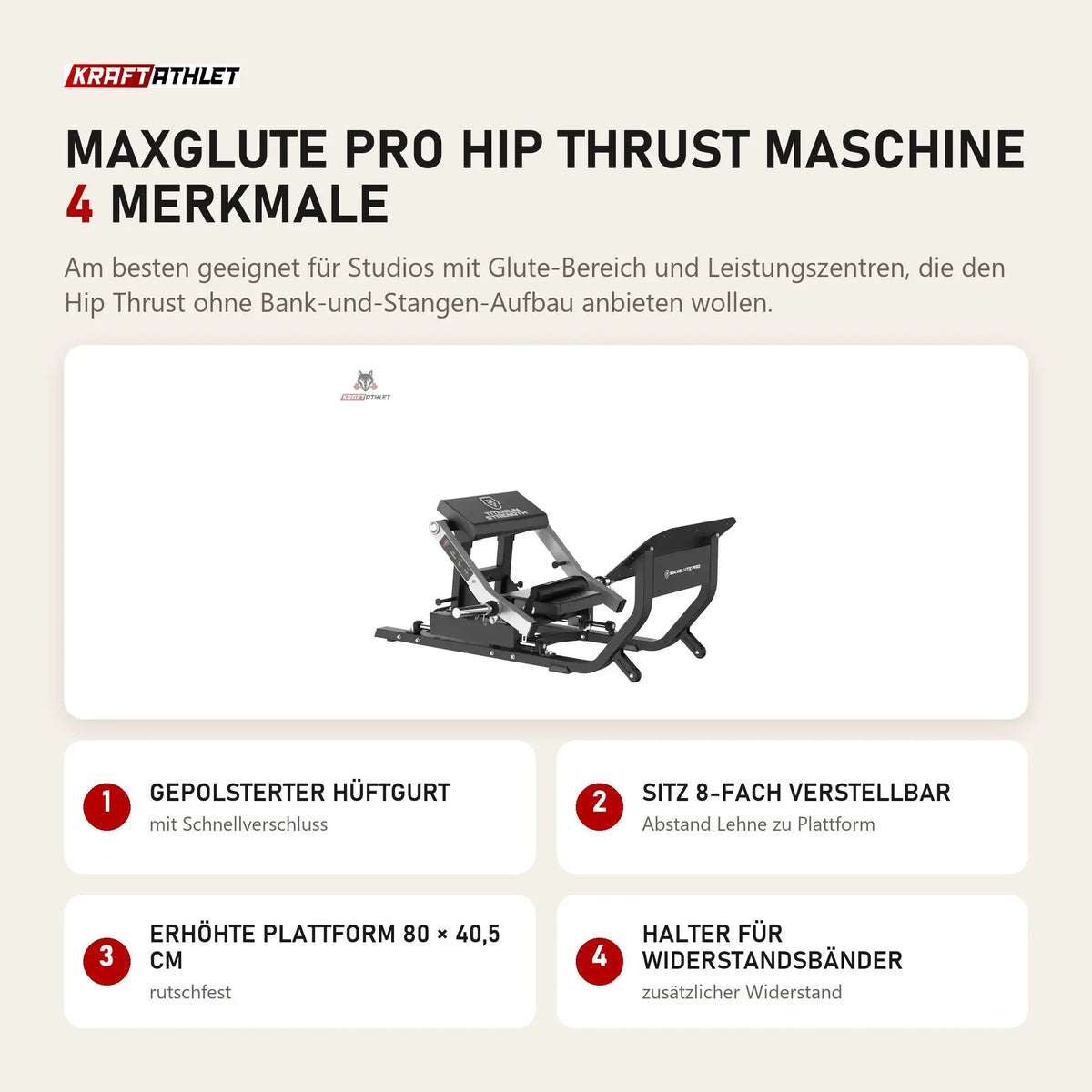 Titanium Strength MaxGlute Pro Hip Thrust Maschine mit 4 Merkmalen: Gepolsterter Hüftgurt, Sitz 8-fach verstellbar, Erhöhte Plattform 80 × 40,5 cm, Halter für Widerstandsbänder
