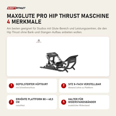 Titanium Strength MaxGlute Pro Hip Thrust Maschine mit 4 Merkmalen: Gepolsterter Hüftgurt, Sitz 8-fach verstellbar, Erhöhte Plattform 80 × 40,5 cm, Halter für Widerstandsbänder