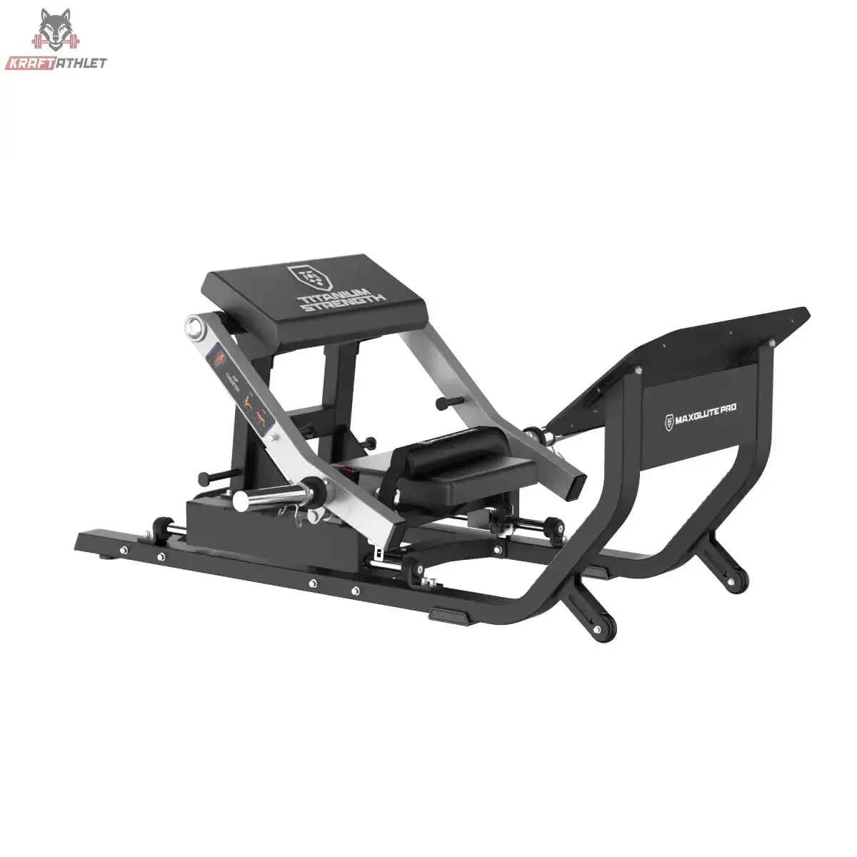 Titanium Strength MaxGlute Pro Hip Thrust Maschine – Schrägansicht mit Hüftpolster, Rückenpolster und Fußplattform