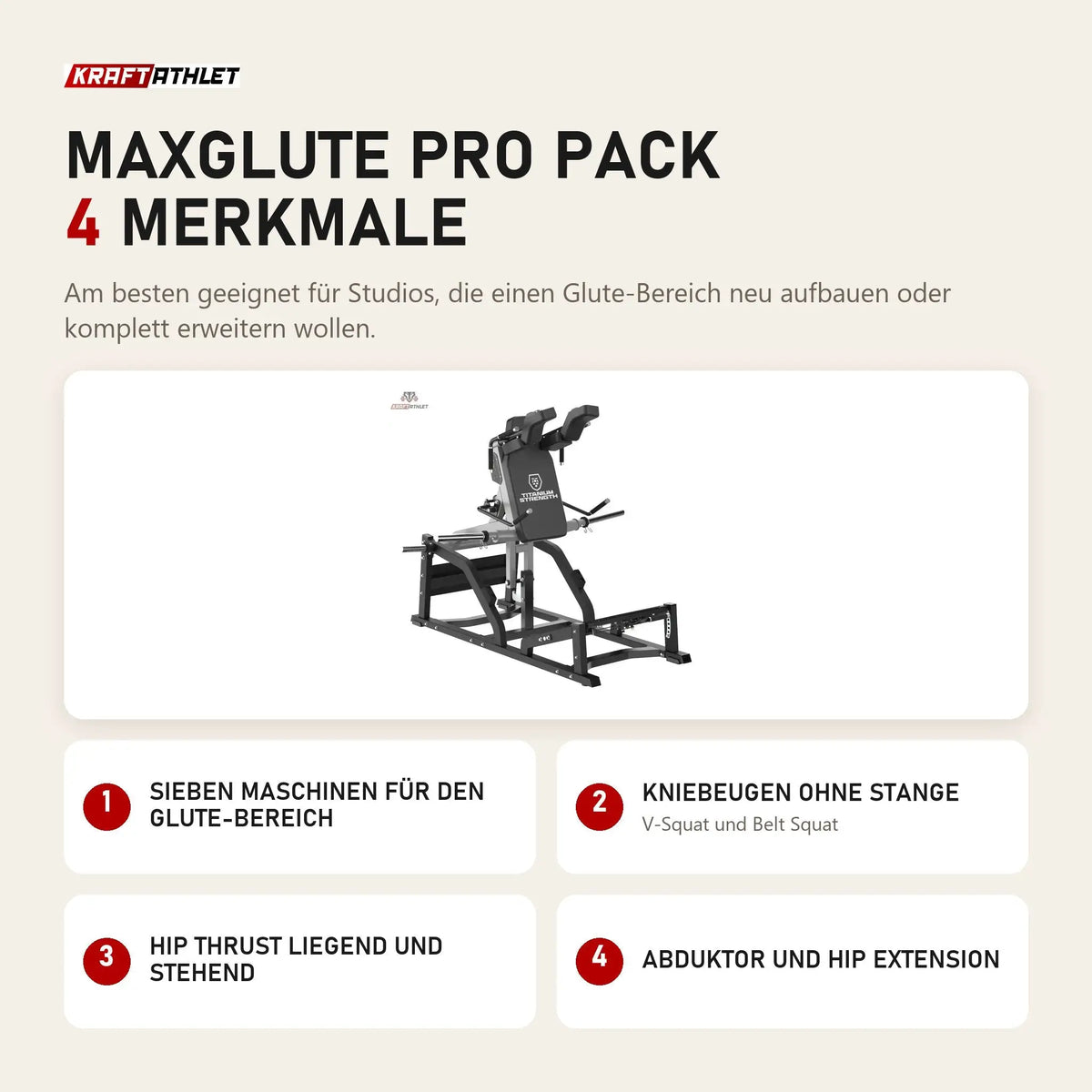 Titanium Strength MaxGlute Pro Pack mit 4 Merkmalen: Sieben Maschinen für den Glute-Bereich, Kniebeugen ohne Stange, Hip Thrust liegend und stehend, Abduktor und Hip Extension