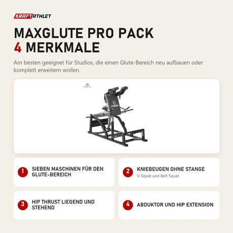 Titanium Strength MaxGlute Pro Pack mit 4 Merkmalen: Sieben Maschinen für den Glute-Bereich, Kniebeugen ohne Stange, Hip Thrust liegend und stehend, Abduktor und Hip Extension