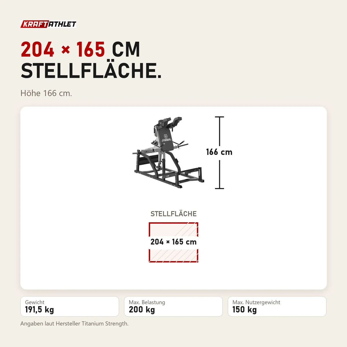 Maßbild Titanium Strength MaxGlute Pro V Squat Maschine: Stellfläche 204 × 165 cm, Höhe 166 cm
