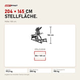 Maßbild Titanium Strength MaxGlute Pro V Squat Maschine: Stellfläche 204 × 165 cm, Höhe 166 cm