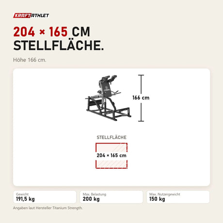 Maßbild Titanium Strength MaxGlute Pro V Squat Maschine: Stellfläche 204 × 165 cm, Höhe 166 cm