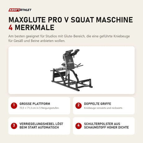 Titanium Strength MaxGlute Pro V Squat Maschine mit 4 Merkmalen: Große Plattform, Doppelte Griffe, Verriegelungshebel löst beim Start automatisch, Schulterpolster aus Schaumstoff hoher Dichte
