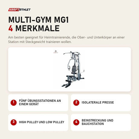 Titanium Strength Multi-Gym MG1 mit 4 Merkmalen: Fünf Übungsstationen an einem Gerät, Isolaterale Presse, High Pulley und Low Pulley, Beinstreckung und Bauchstation
