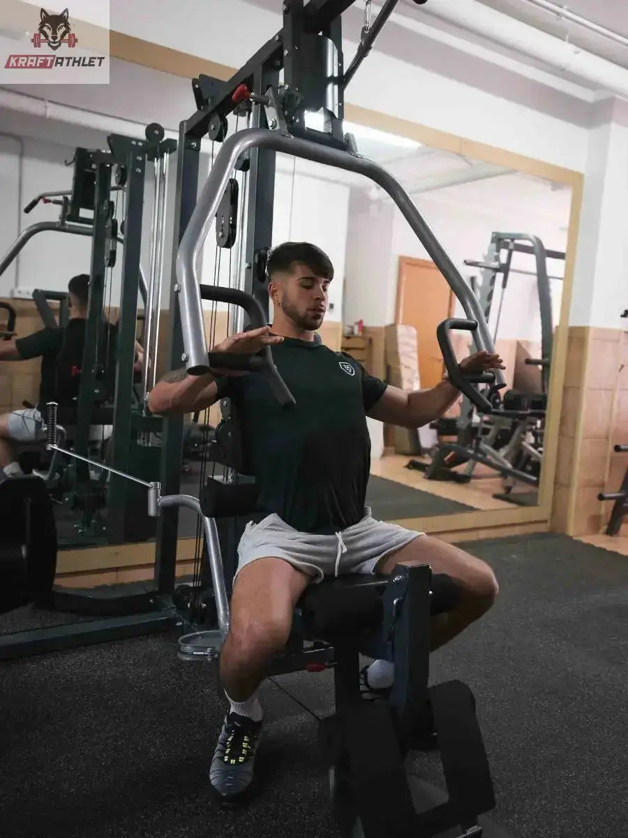 Titanium Strength Multi-Gym MG1: Athlet trainiert Brustpresse am Butterfly-Arm im Studio