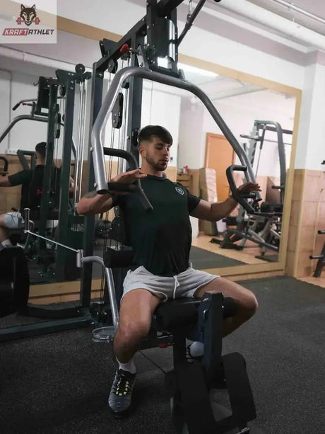 Titanium Strength Multi-Gym MG1: Athlet trainiert Brustpresse am Butterfly-Arm im Studio