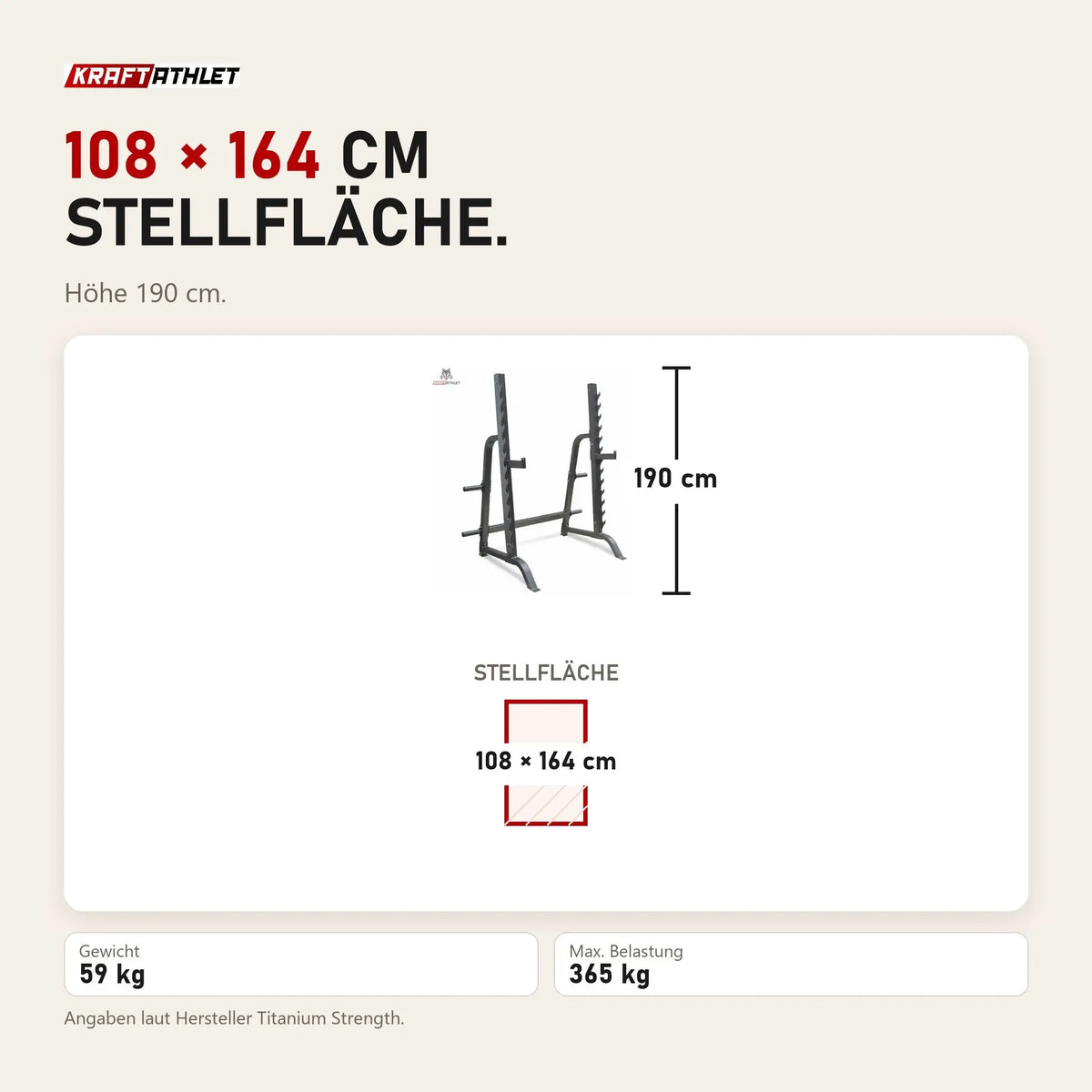 Maßbild Titanium Strength Multi Press Rack 360PR: Stellfläche 108 × 164 cm, Höhe 190 cm