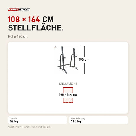 Maßbild Titanium Strength Multi Press Rack 360PR: Stellfläche 108 × 164 cm, Höhe 190 cm