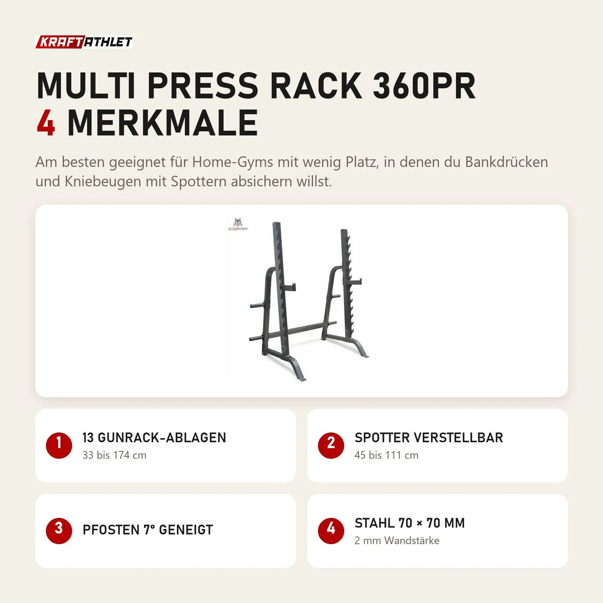 Titanium Strength Multi Press Rack 360PR mit 4 Merkmalen: 13 Gunrack-Ablagen, Spotter verstellbar, Pfosten 7° geneigt, Stahl 70 × 70 mm