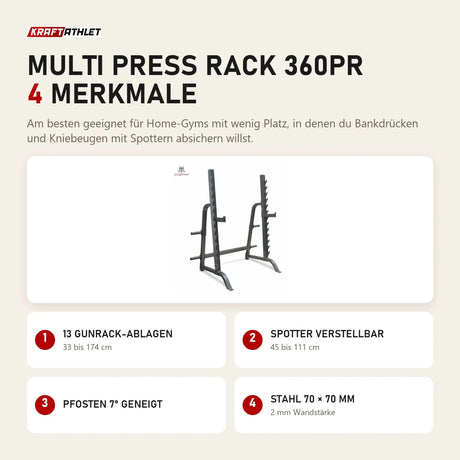 Titanium Strength Multi Press Rack 360PR mit 4 Merkmalen: 13 Gunrack-Ablagen, Spotter verstellbar, Pfosten 7° geneigt, Stahl 70 × 70 mm