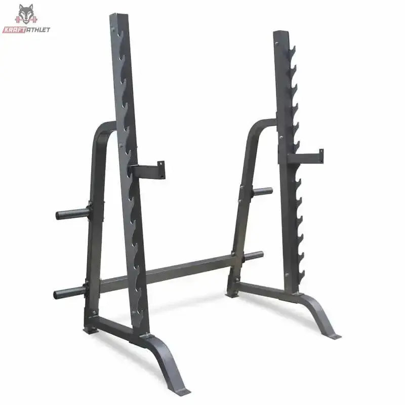 Titanium Strength Multi Press Rack 360PR, Schrägansicht des grauen Racks mit Ablagen und Lochreihen
