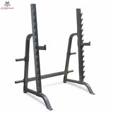 Titanium Strength Multi Press Rack 360PR, Schrägansicht des grauen Racks mit Ablagen und Lochreihen