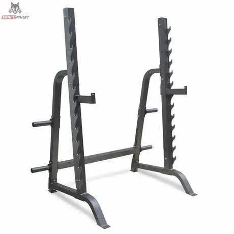 Titanium Strength Multi Press Rack 360PR, Schrägansicht des grauen Racks mit Ablagen und Lochreihen