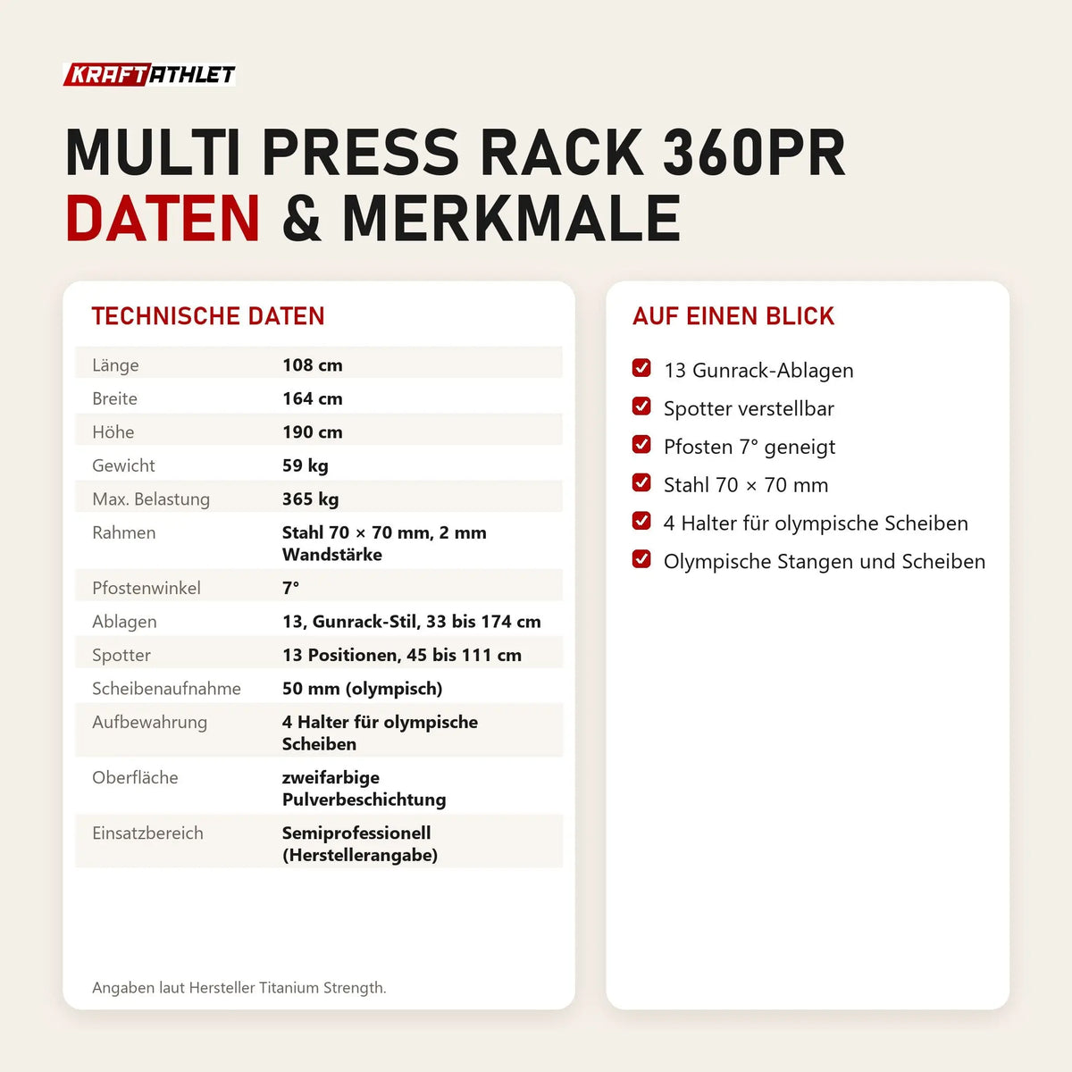 Technische Daten und Merkmale von Titanium Strength Multi Press Rack 360PR als Tabelle