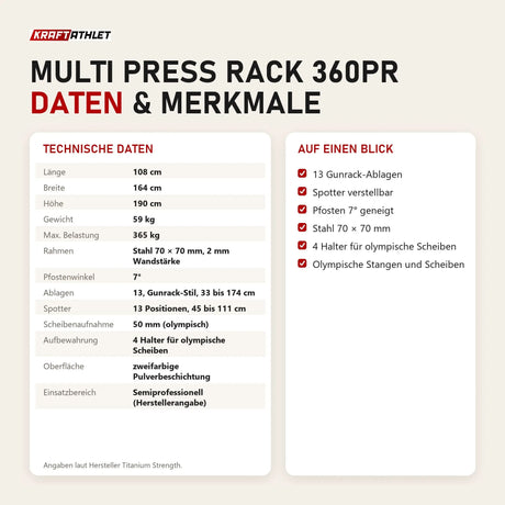Technische Daten und Merkmale von Titanium Strength Multi Press Rack 360PR als Tabelle