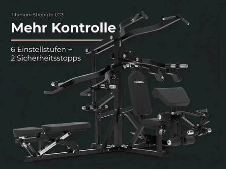 Titanium Strength Multigym Hebel LG3: Grafik zu 6 Einstellstufen und 2 Sicherheitsstopps