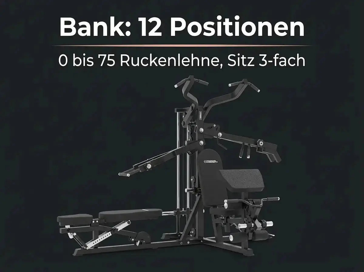 Titanium Strength Multigym Hebel LG3: Grafik zu den 12 Positionen von Rückenlehne und Sitz