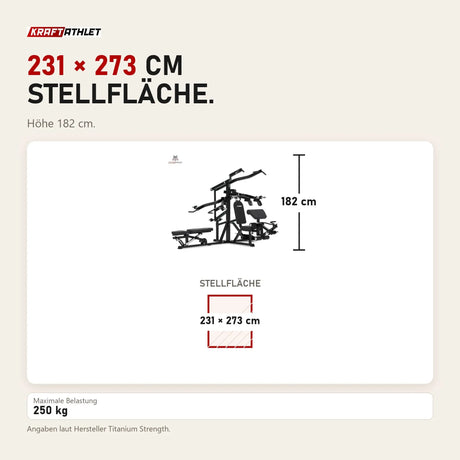 Maßbild Titanium Strength Multigym Hebel LG3: Stellfläche 231 × 273 cm, Höhe 182 cm