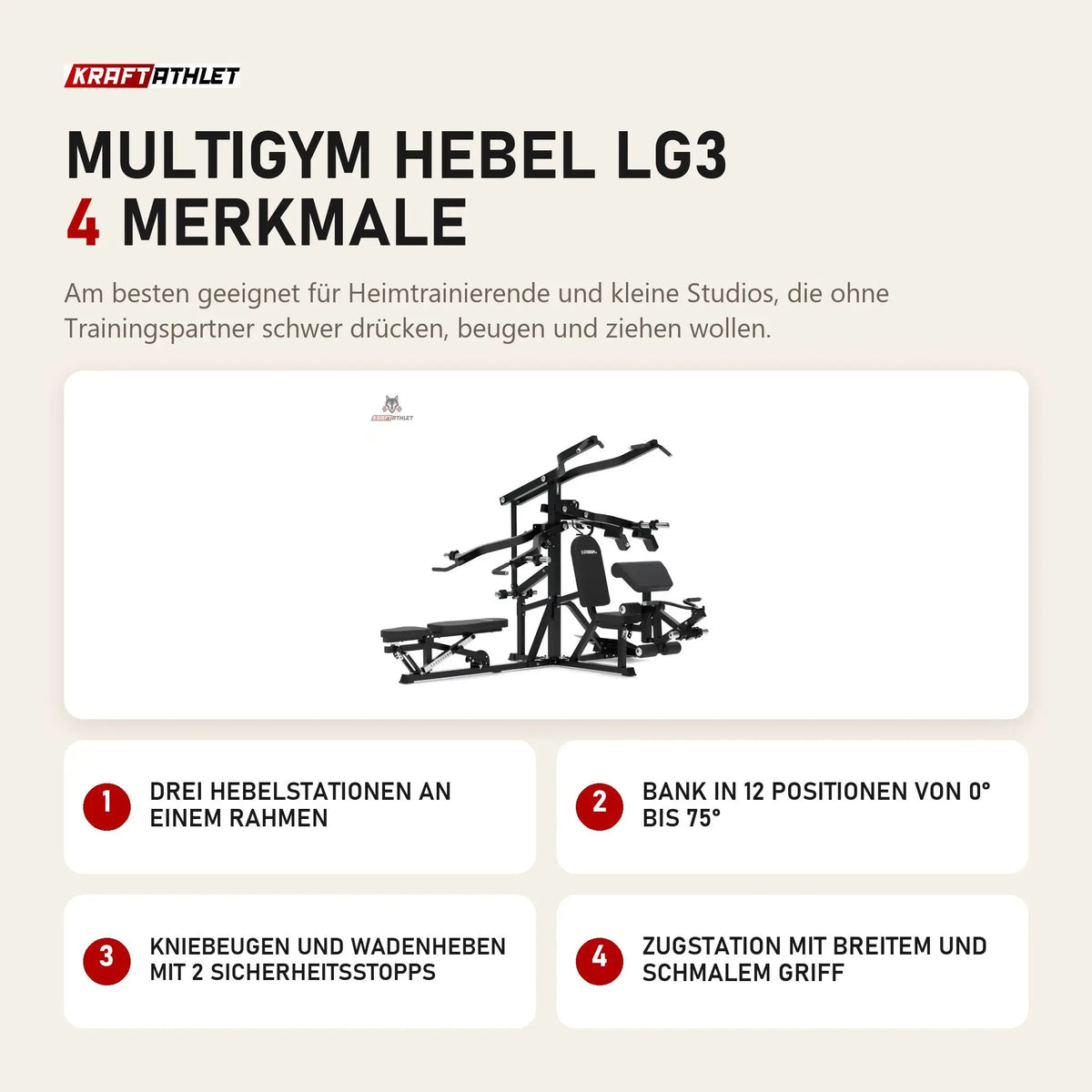 Titanium Strength Multigym Hebel LG3 mit 4 Merkmalen: Drei Hebelstationen an einem Rahmen, Bank in 12 Positionen von 0° bis 75°, Kniebeugen und Wadenheben mit 2 Sicherheitsstopps, Zugstation mit breitem und schmalem Griff