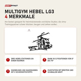 Titanium Strength Multigym Hebel LG3 mit 4 Merkmalen: Drei Hebelstationen an einem Rahmen, Bank in 12 Positionen von 0° bis 75°, Kniebeugen und Wadenheben mit 2 Sicherheitsstopps, Zugstation mit breitem und schmalem Griff
