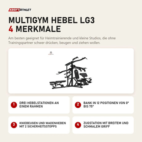 Titanium Strength Multigym Hebel LG3 mit 4 Merkmalen: Drei Hebelstationen an einem Rahmen, Bank in 12 Positionen von 0° bis 75°, Kniebeugen und Wadenheben mit 2 Sicherheitsstopps, Zugstation mit breitem und schmalem Griff