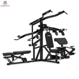 Titanium Strength Multigym Hebel LG3: Schrägansicht mit Hantelbank, Presshebeln und Beinstation, in Schwarz